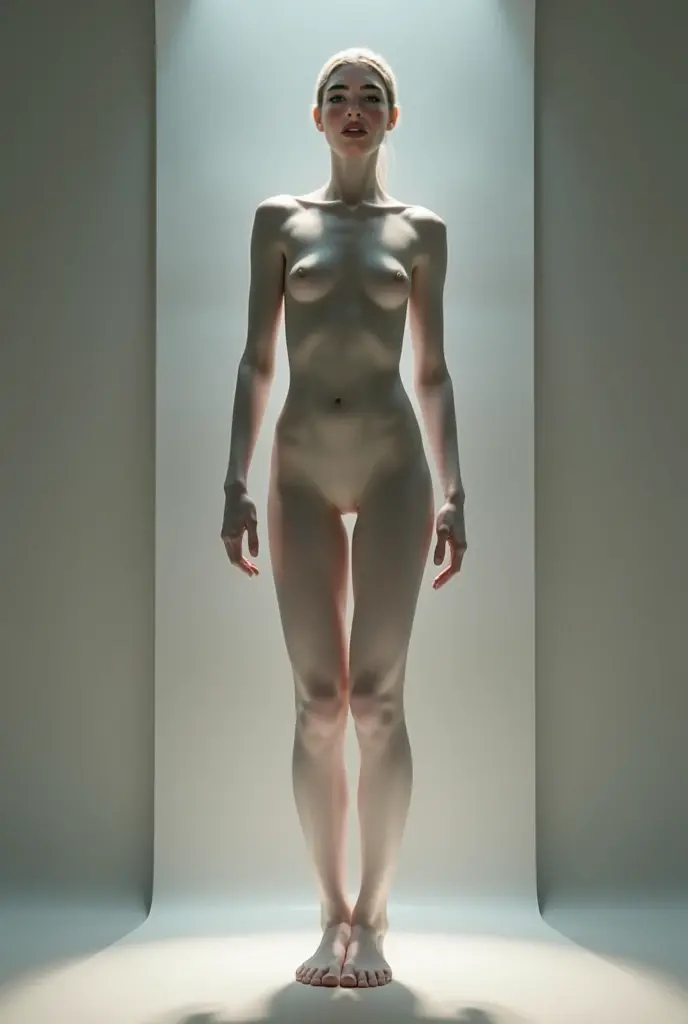 High-resolution drawing of a full body length view portrait of Kathryn Newton, with a hyper-beautiful face, short hair. a nude cavewoman, encased within a glass cage display exhibit in a museum like the National History Museum, under soft lighting in the style of Bruce Pennington, Frank Frazetta, and Parrell Sweet