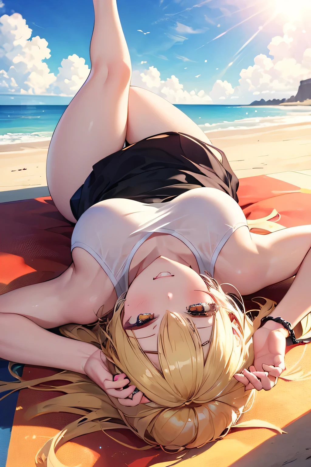 (highest quality,4K,8k,High resolution,masterpiece:1.2),Very detailed, Realistic, photo-Realistic,woman with good looks,Asian Woman,three woman:2.0,bend over,cute,cute eyes, stylish female body,baby face, break, bra, break, light green colored small panties:1.5, lace, break, plaid skirt, long hair, blonde hair,various colored hair, back view, Focus on the buttocks, sandy beach , smile, ((sweaty skin))