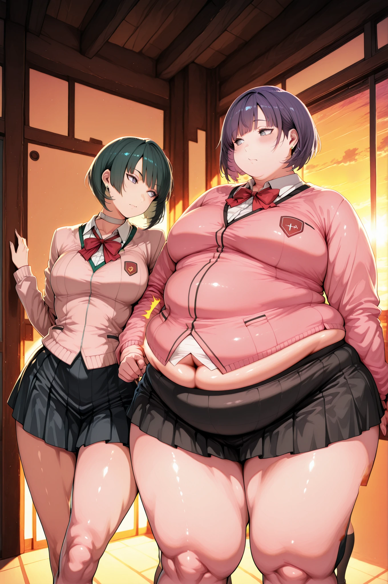 masterpiece,best quality,highres (two distinct girls:1.2) (yukari and fuuka looking at each other:1.1) illustration,detailed face, (pressing against each other:1.2)weight difference,2girls,looking at another,fat,skinny,stocking midriff, sunset, (nice legs) (midriff peek) , (weight conscious:1.3) (belly flash:1.2), gekkoukan high school uniform, pink cardigan, red bow, long sleeves, black skirt, earrings, white choker, short hair, grey eyes, cardigan, green turtleneck, black skirt, fat arms
double chin
backfat
fat rolls
clothed midsection, covered navel