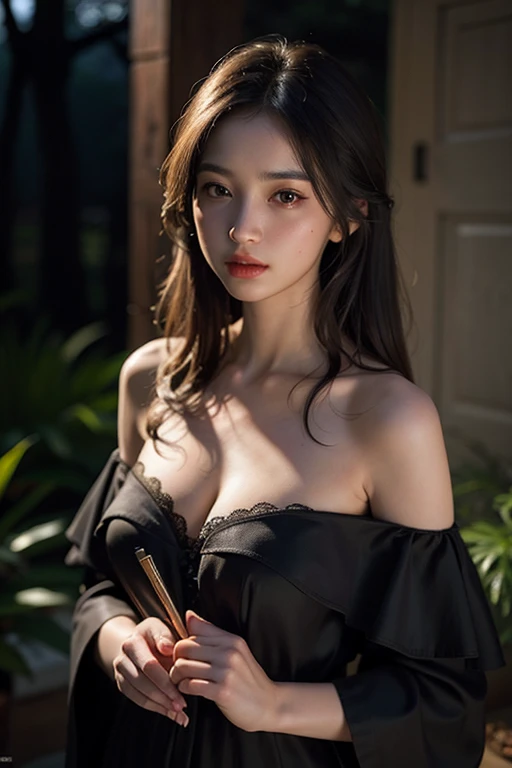 Best quality, masterpiece, ultra high res, (photorealistic:1.4), raw photo, 1girl, offshoulder, in the dark, deep shadow, low key, cold light