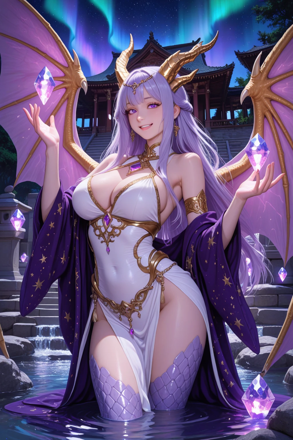 mature adult succubus woman, atletic body, messy purple long hair, long horns, light violet expansive chinese dress, fabulous princess cloath with the same colors, beautiful feet, princess imponence look, seductive eyes, smirkle smile, up light, dancing pole dance, brothel ambience, yellow theatre light from above, devilish aura, up red light, sex sillhouetes background, detailed detailed shadow, fantasy, chinese anime rpg, digital illustration, detailed hands and feet, 8k resolution and details,