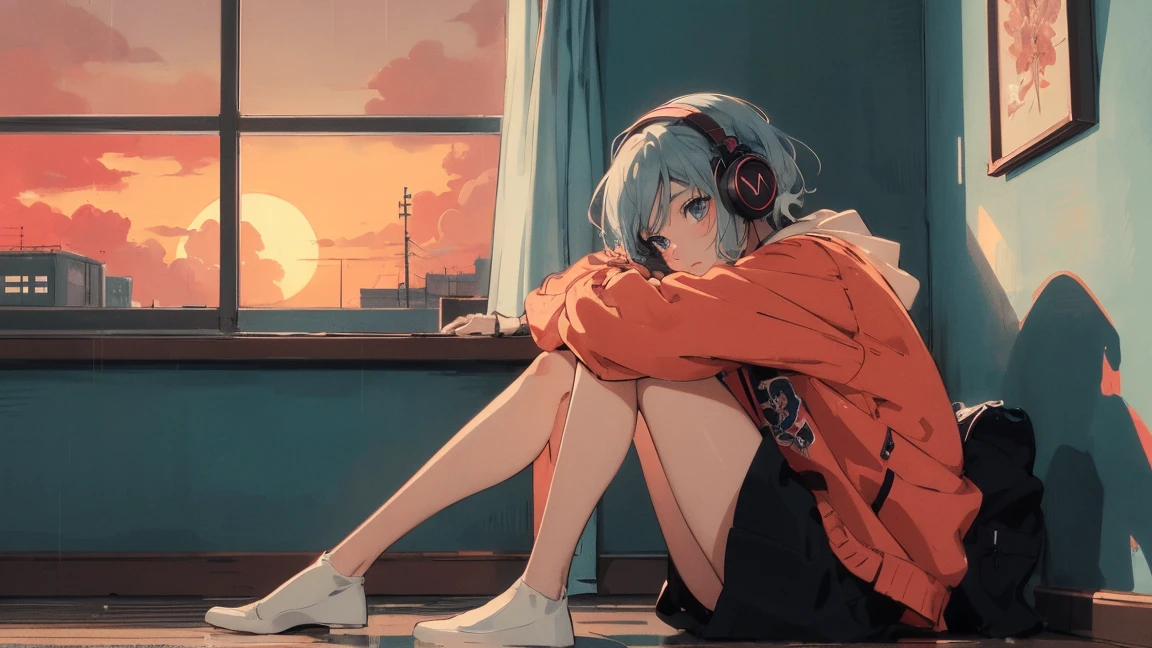 アニメ girl sitting on floor looking out window at city, アニメ aesthetic, アニメ vibes, lofi artstyle, Lo-fi portrait by the window, Watching the Sunset. アニメ, Lofty Girl, アニメ art wallpaper 4 k, アニメ art wallpaper 4k, アニメ art wallpaper 8 k, アニメ background art, Lofi Color, Lofi Art, アニメ asthetic,masterpiece, Highest quality, Rainbow Style, アニメ, Beautiful Asian Girl, Along the Hawaiian Coast, Cute and dreamy,アニメ,Illustrator,LOFI Girl, Blues,landscape,Sunset, night、Girl listening to music in a cozy room, Use headphones, 2D Style Anime, Rain outside the window、Analog Color Theme、Ghibli style,、Tokyo, modern