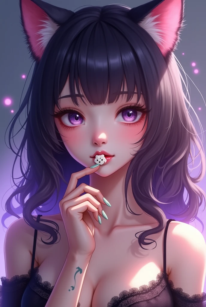 1girl, cat ears, long hair, bangs, light purple hair, gorgeous blue eyes, eyeliner, long lashes, collar, black top, breasts, starry background, blowing kiss