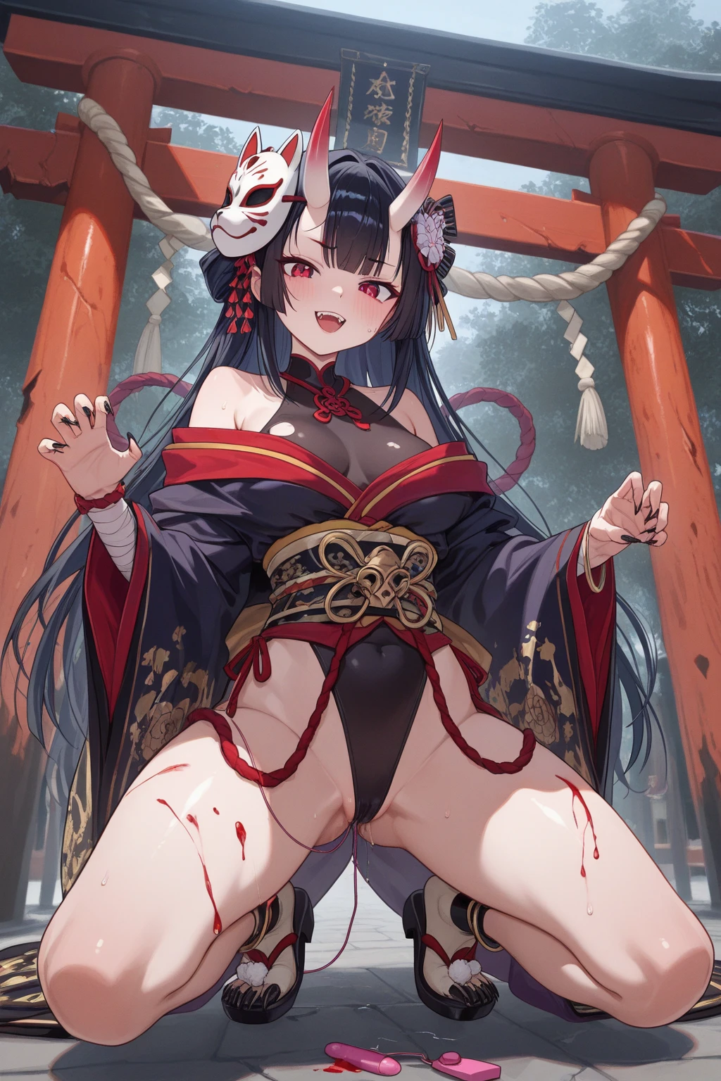 Girl with long black hair、Kimono appearance、shrines、Summer Festivals、white stocking glue eyes、red lipsticks、Hairpin、veranda、no panties,pussy juice,(dildo in the vagina),(pussy juice)、a smile、red blush、Solo、dildo in the vagina,(dildo in the vagina)