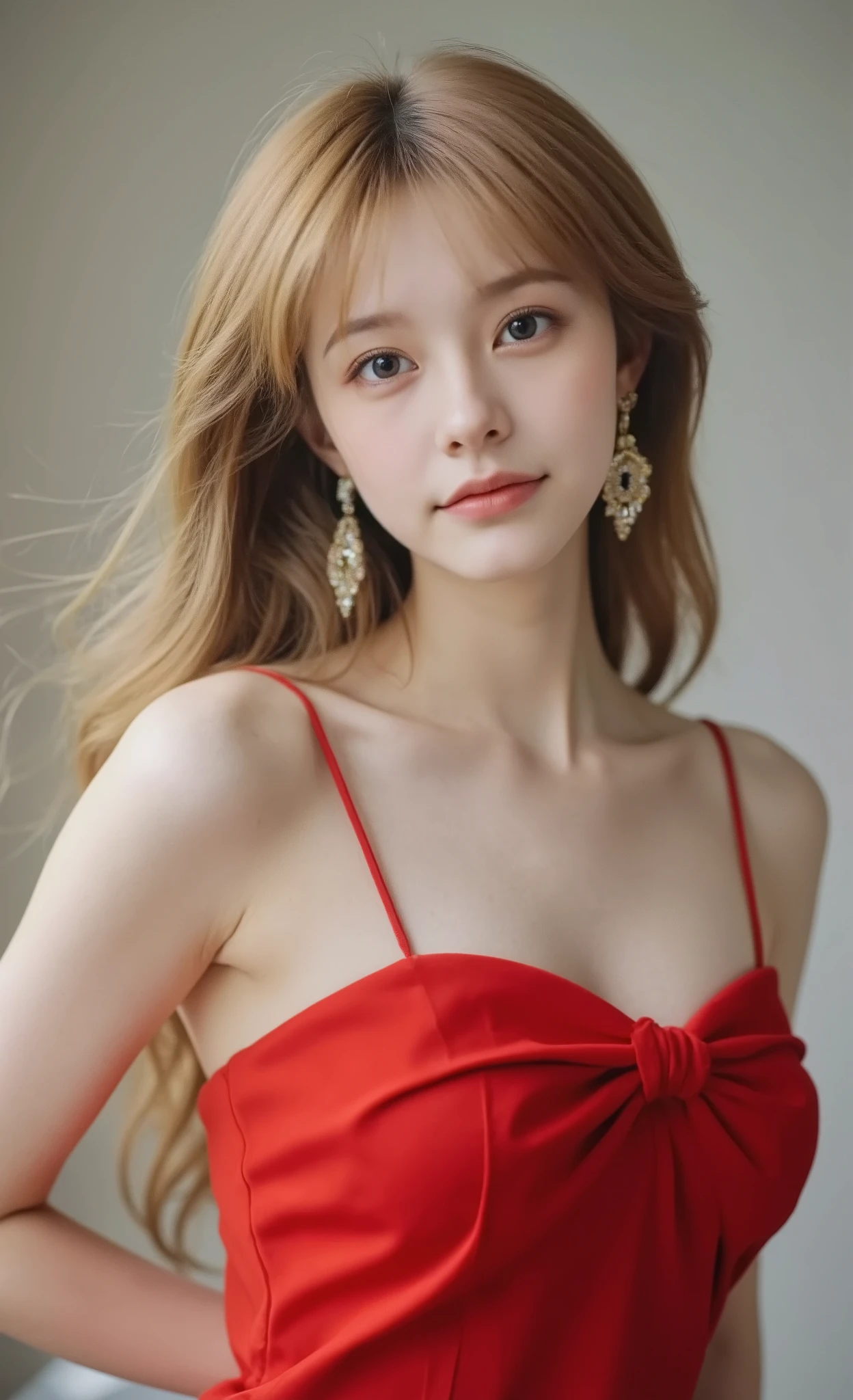 Une femme mince aux longs cheveux blond , Elle est vêtu d'une robe rouge et porte des boucles d’oreilles chic