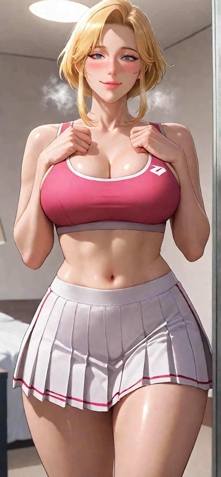 absurderes, ultra-detailliert,bright colour, extremely beautiful detailed anime face and eyes, (独奏:1.6), ;D,(Sports Bra Lift:1.3),(Under the breasts:1.3) (Park at dusk:1.3)、(Surprise and embarrassment:1.3)、 shiny_skin,25 years old, Short hair, , asymmetrical bangs, (Blonde hair with short twin tails), Shiny hair, Delicate beautiful face, red blush,(Deep Blue Eyes:1.3 ) White skin, hair clips, earrings, 1 necklace,Wet、
