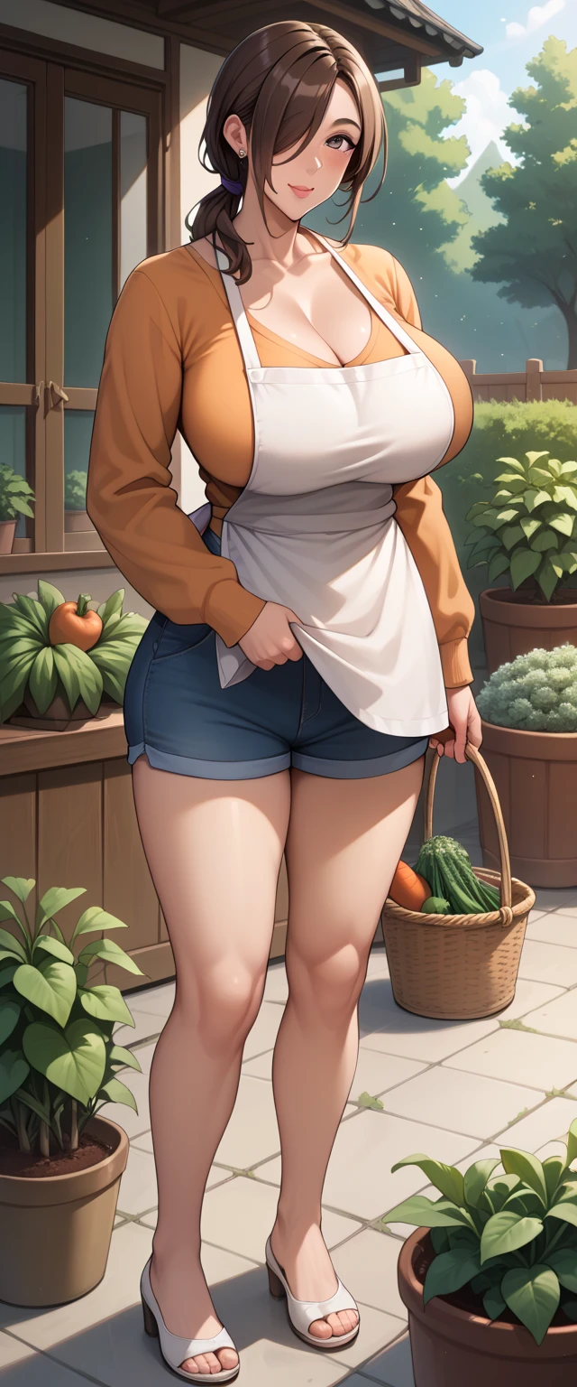 (Busty), ((naked)), ((big breast)), ((pubic hair)), (((standing))), ((pussy cum)), sweatingg, smile, detailed face, trash, heels, forest