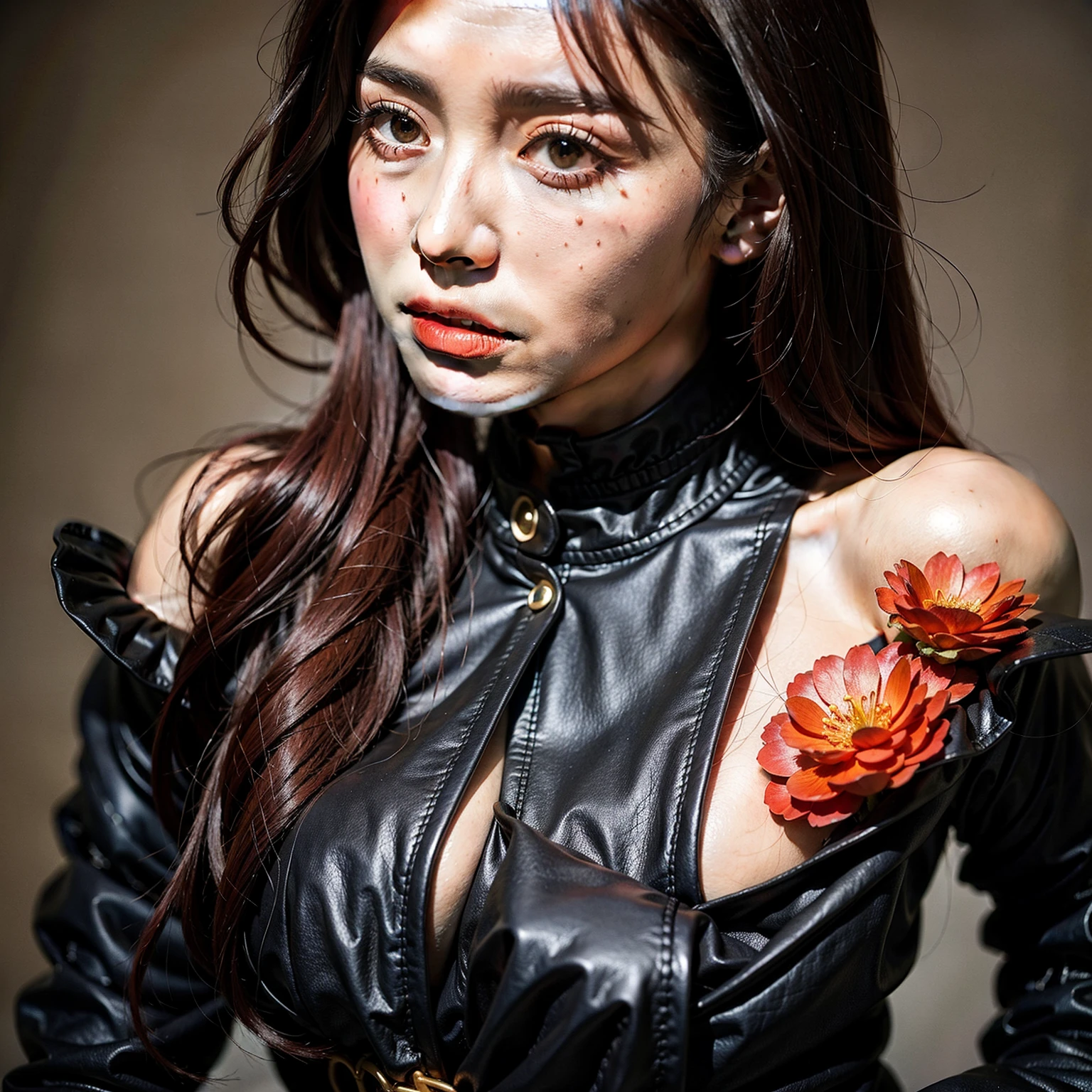 1girls,black hair with red tips,Red eyes,Wear a black dress