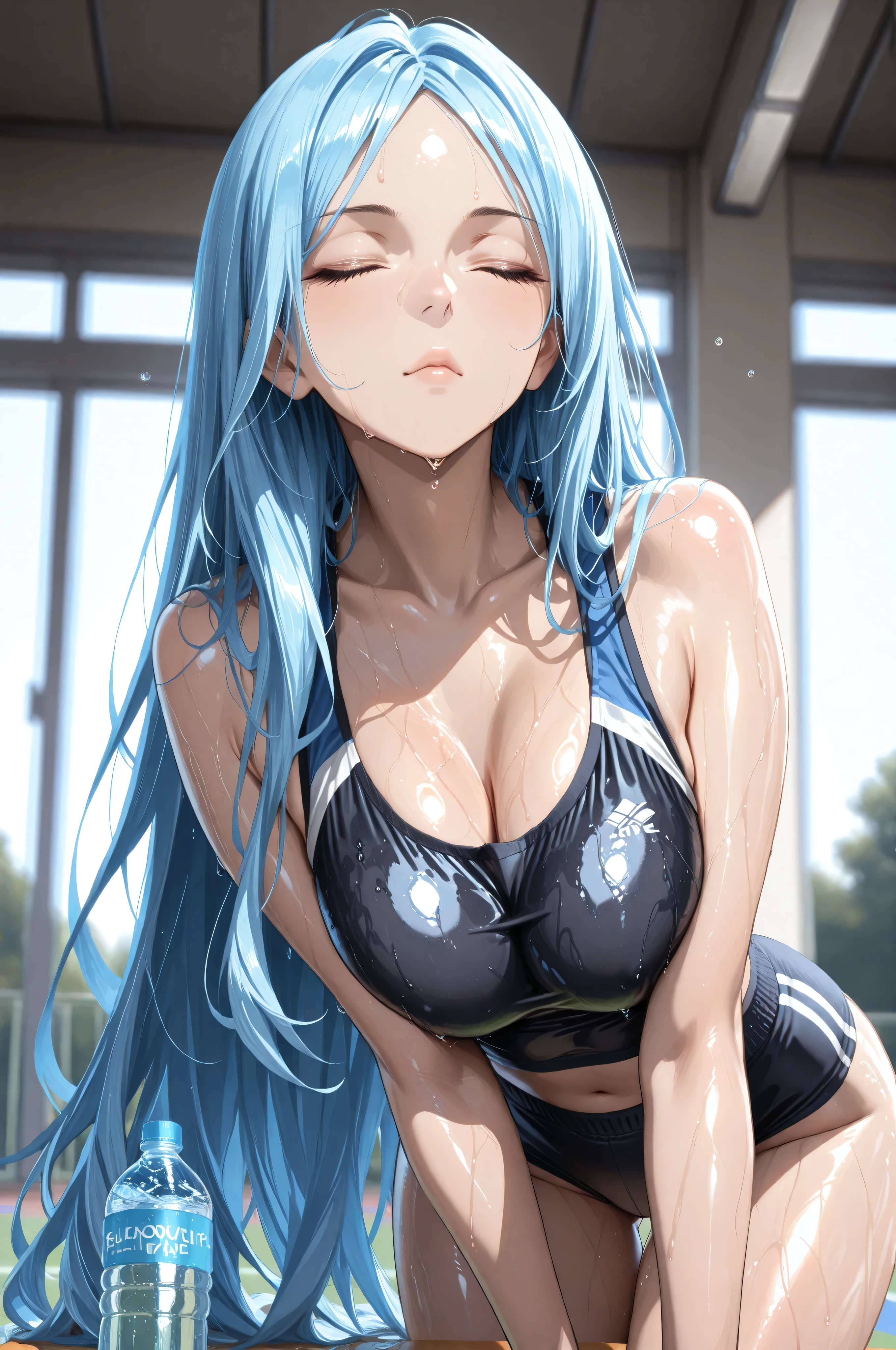 (perfect anatomy), masterpiece, highest quality, High resolution, Long Hair,long hair,Hair between the eyes, hair ornaments, Gray Hair, Blue inner color hair,Bloomer gym clothes, Hands behind head,Large Breasts,Delicate limbs,One woman, blush a little,Saliva leaks from the mouth,Open your mouth and stick out your tongue, Slender body, Melted face , love with the shadow of a penis, nsfw,(ecstasy:1.3) ,(slut:1.2),(vulgarity:1.3),(fucked silly:1.1),(steam:1.1),(wet:0.8),(trembling:0.8),(tears:0.7) ,(drooling:0.6),(sweat:0.8), open mouth, wince,(orgasm:1.5),awaiting tongue,(Look Back), Big Hip, lying on her stomach, spread legs, Lying in bed, 1 boy and 1girl are having sex