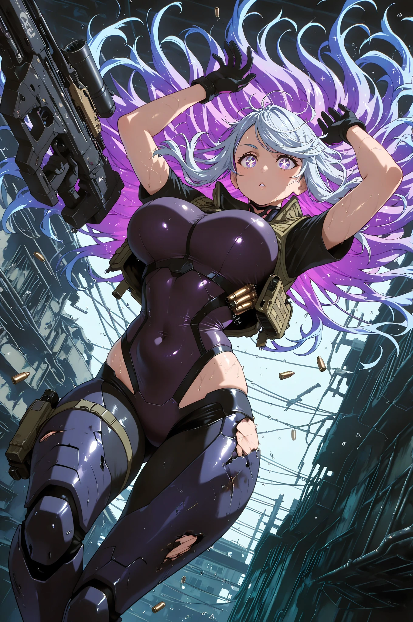 ((full body):1.5), {1woman}, only {1woman} is this ((wearing black Kamen Rider costume with gold parts, with a round shiny jewel on her chest, with a belt, helmet on her head):1.5) (( extremely tight in the body, with a round jewel on the chest):1.5), only {1woman} ((has extremely large breasts):1.5), only {1woman} has ((green colored eyes, very short mohawk red hair): 1.4), only {1woman} ((is looking at the viewer/look and face of hate, making heroic poses with her arms above her waist)), only {1woman} is standing, ((In an extremely destroyed futiristic city raining very strong, it's night, it's full of clouds):2), only {1 woman} ((she has her body/clothes all wet with water and her clothes are soaked):1.4), (Kamen Rider), Tokusatsu, anime, anime style, cinematic lighting, 16k, highres, best quality, high details, UHD, masterpiece