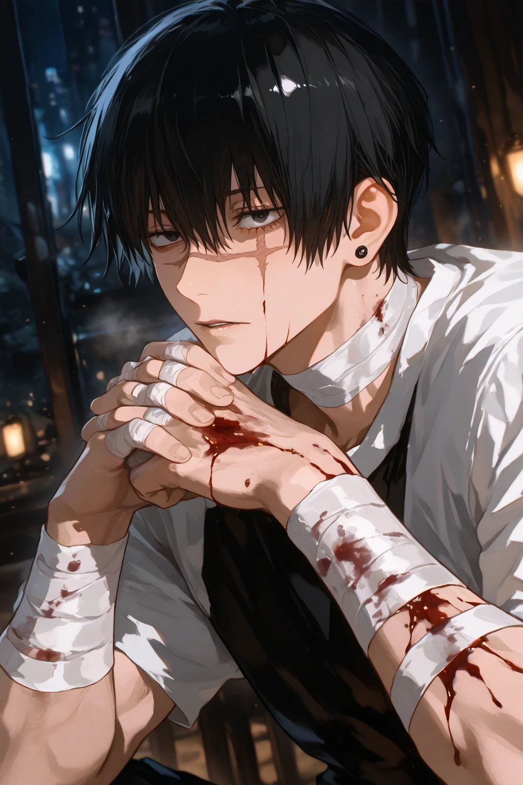 Anime boy devil smile and blood left side of face 