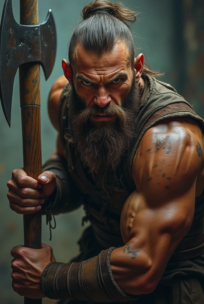 cyberpunk 2077 Man With cybernetic implants in his head and eyes, Serious face, muscular bearded, with a sledgehammer and several scars, Hairy, dirty alley