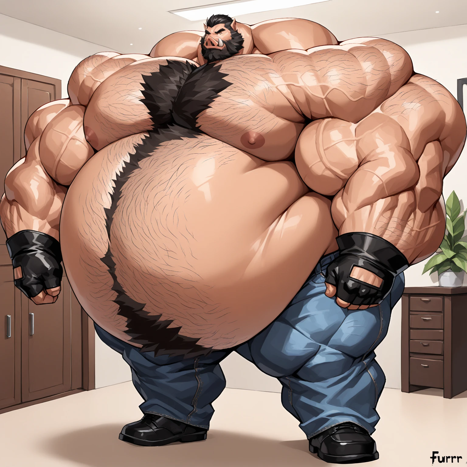 Browsing Caution。Super muscular boar beastman。Blindfold。A desperate and painful look。Mouth wide open。A huge, red, erect penis。Semen is spurting out vigorously。Hanging from the ceiling by a rope。Penis being milked with a milking machine。