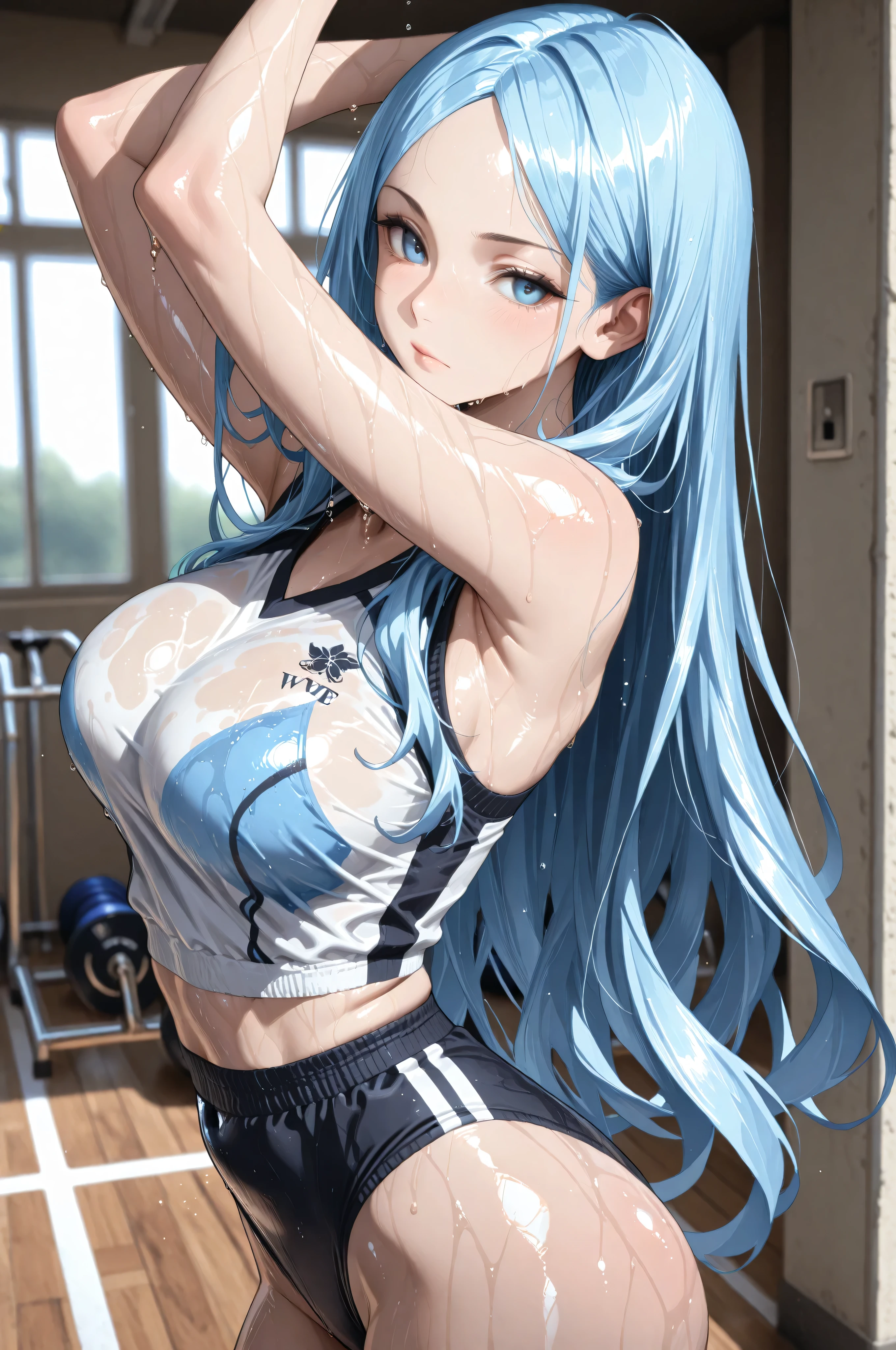 fitness gym、Wet and sheer fitness wear、Navel Ejection、armpit、is standing、poneyTail、blue hairs、Silver Necklace、wristbands、huge tit、perspiring、abdominals、belly button piercing