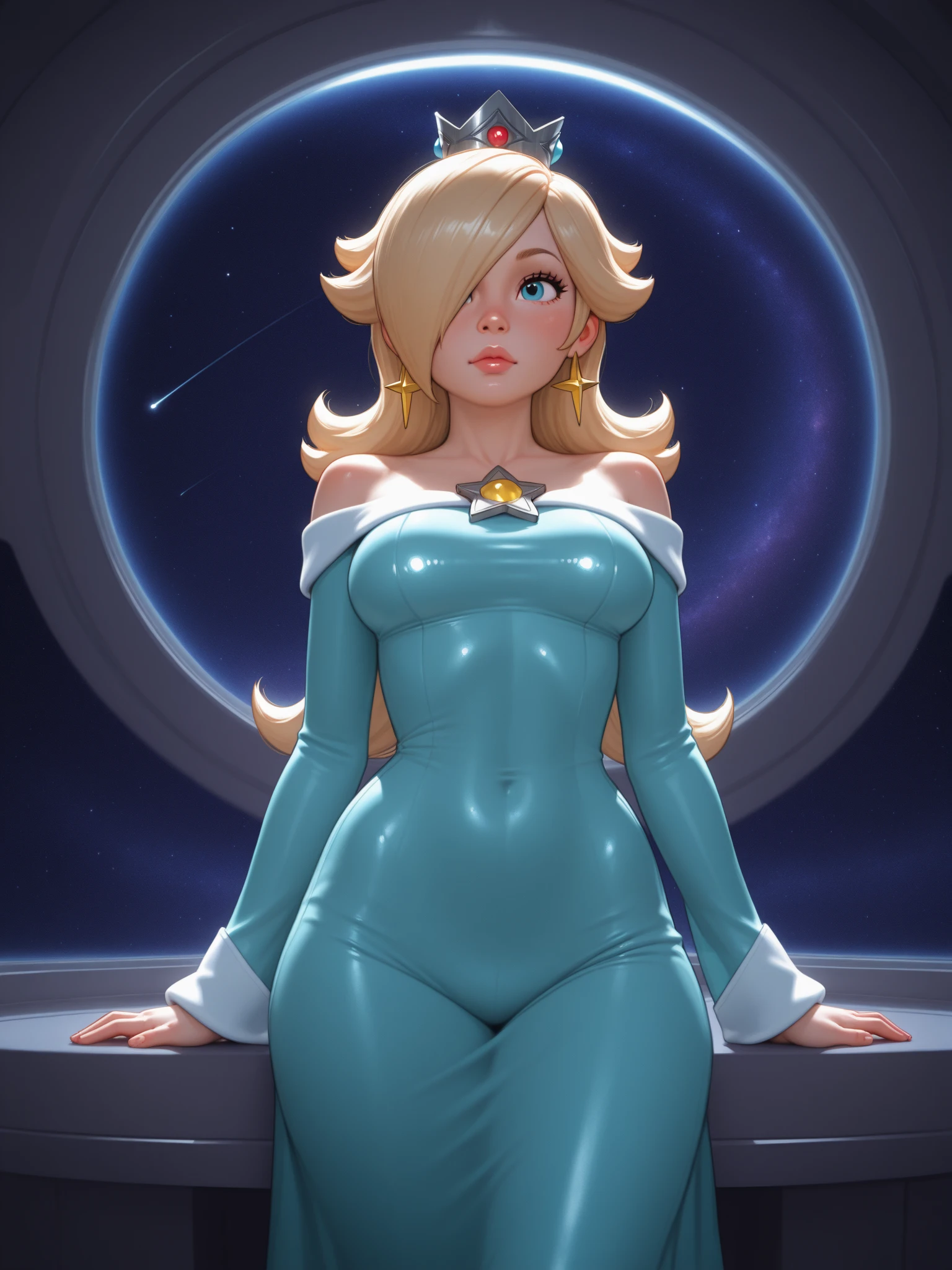 ((masterpiece)), ((best quality)), (detailed), perfect, solo, rosalina, gorgeous girl, luscious lips, blonde hair,