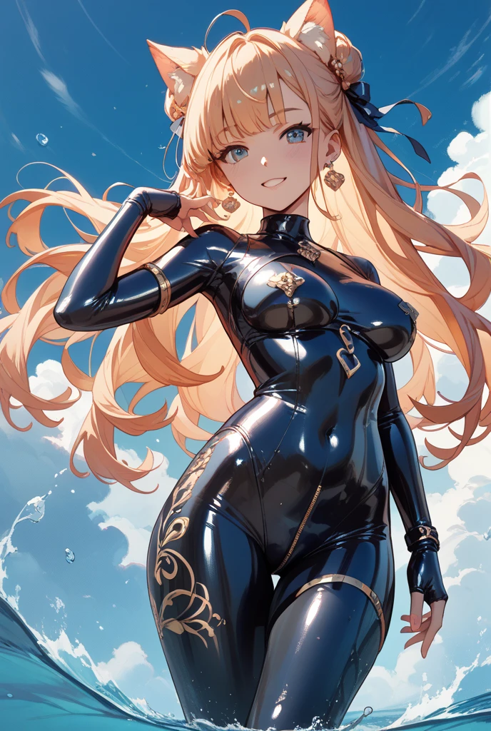 Anime style girl with a very tight swimming suit with a cameltoe and strong shapes but small breasts. She spreads her legs.
