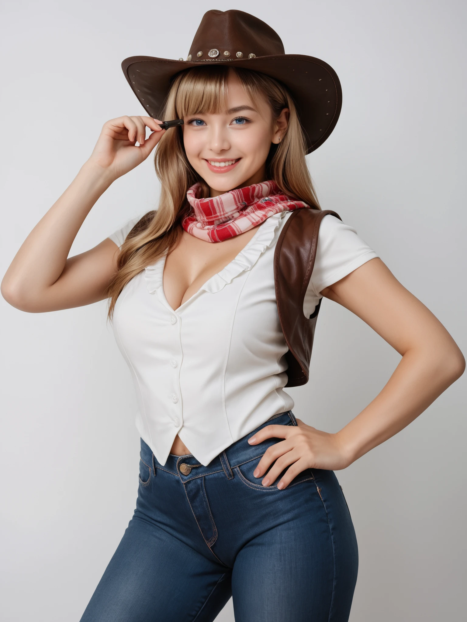 Score_9, Score_8_up, Score_7_up, Score_6_up, Score_5_up, Score_4_up, Source_real, Tag1, Tag2, Anatomically correct, realistic, 1 woman, 23 years old woman, beautiful woman, Highly detailed beautiful face and eyes, blue eyes, blonde hair, Detailed skin, (natural saggy big breast:1.1), big ass, thick thighs, wide hips, curvy, (oiled body:1.0), smile, (long hair with bangs), (tanned skin:1.2), (Cute cowboy outfit, cowboy hat, white shirt, fringed vest, Jeans, scarf), Finger guns, one hand on hip, (Please take a picture from below:1.2), Summer season atmosphere, Being in the country road,