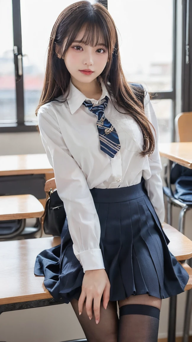mix4, (16 K, Raw photography, Top image quality, ​masterpiece: 1.45), (realisitic, Photorealsitic: 1.37), one girls, cute little, A city scape,, profetional lighting, photon maping, school classrooms, physically-based renderingt, dark brown  hair,pony tail hairstyle, Well-groomed and beautiful eyes、((二重まぶた))、Transcendent Cute Girl, (((student clothes、blazers、Long sleeve shirt worn by Japan high school girl、Ribbon Ties、Dark blue mini skirt,、Dark blue socks、Black loafers))), Top Quality Photos, hight resolution, 1080p, (clearface), (Detailed face description), (Detailed hand description), (​masterpiece), (Exquisite CG)、extreme light and shadows、dishevled hair、master work、abundant detail、(Fine facial features)、(top quality photo)、(masuter piece)、(A detailed eye)、Look in front of you、Fine clavicle、((Slender big))、(((Japan schoolgirls wear jackets and long-sleeved shirts)))、((Neat and clean idol))、((School Gate、school ground、School building in the background))、(Shooting from random perspectives)、(((Anyway cute)))、耳Nipple Ring、A big smile、Drawing the whole body from the knees、Do not draw nasolabial folds、(((Sports bags used by Japan schoolgirls)))、(Big breasts that hang down big:1.2)、Big buttocks with tension、Two arms and two legs、(((from the front side:0.7)))、bare hand、(((Left and right symmetrical eyes)))、Standing Pose、Put your hands on your desk、Do not take the tie out of the jacket、Raise your buttocks:1.5，barebacked:1.5，