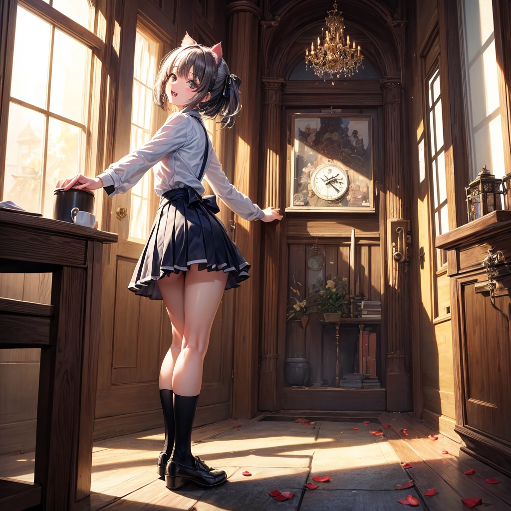 (masutepiece),((Ultra-detailed)), (High Definition CG Illustration),(deadpan), (Best Quality:1.2),realistic8K UHD, High Definition,(1girl in:1.2),high quality texture, Intricate details, Detailed texture, Finely detailed, high detailing, extremely details CG, high quality shadow, realistic representation of face, Detailed beautiful delicate face, Detailed beautiful delicate eyes, brown eye pupil, A perfectly proportioned face, depth of fields, Cinematic Light, Lens Flare, Ray tracing,Perspective,20s, a prominent nose, Slender face, Tall Girl, (Big eyes:1.2),blush,Glossy lips, Perfect body, lean body, Particles of light,(Narrow waist:1.3), medium breasts, Distinct_image, high_resolution, (Lustrous skin), Solo Focus, (Brown hair), (finely detailed beautiful eyes and detailed face),(Detailed face), (striated hair), light source contrast, Short hair, ((Smile)), (pureerosface_v1:0.5) , (ulzzang -6500-v1.1:0.5), PINK SHIRT, White pleated skirt, high heeled shoes