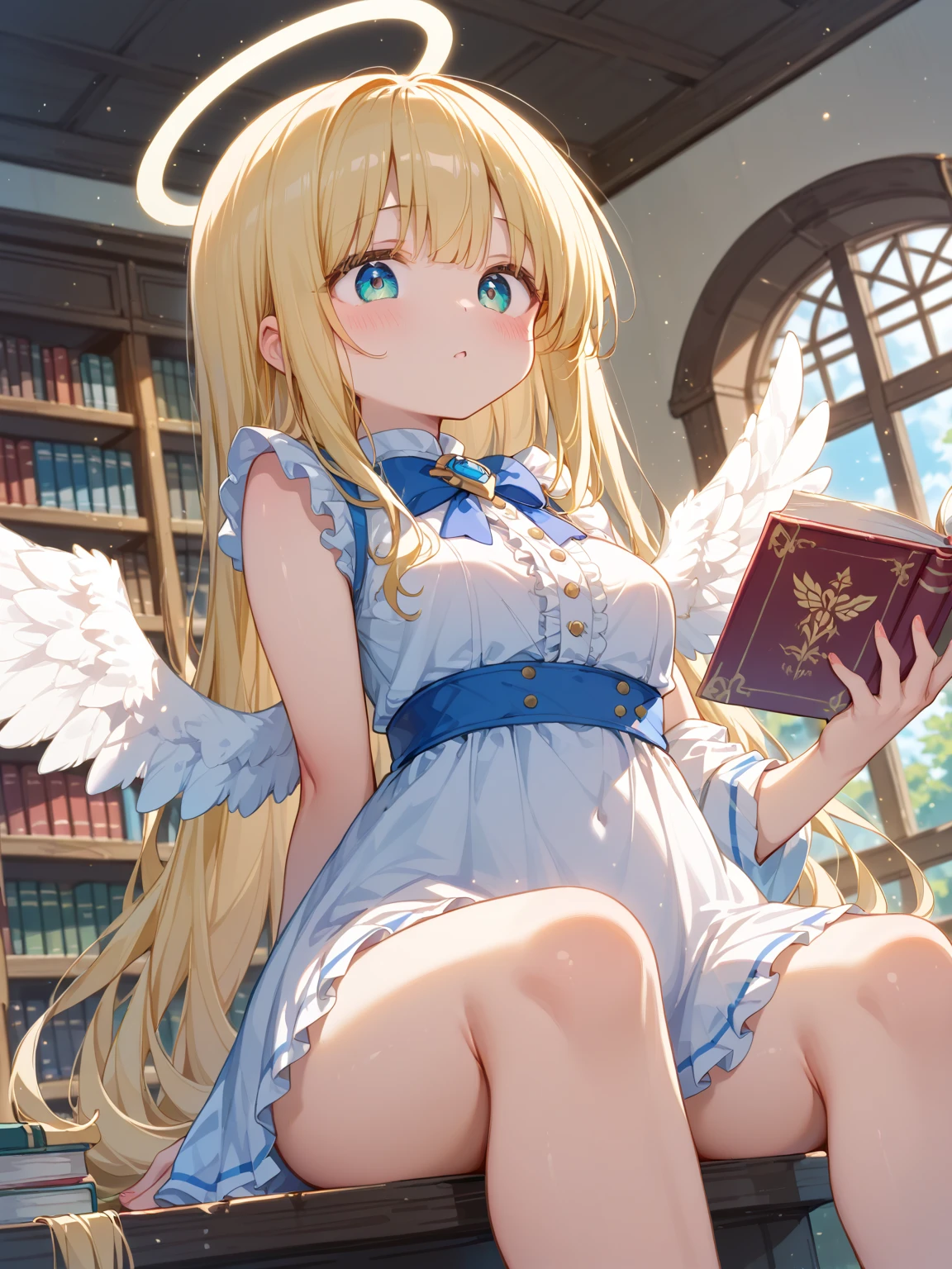 Illustration improvement: **masterpiece**, **best quality**, **ultra-detailed**, **super high resolution**, **Top Quality photorealistic Illustration**, **Super Definition**, **cute illustration:1.3**, **high Saturation:1.2**, **detailed beautiful face and eyes**, **an extremely delicate and beautiful**, **nice hands, perfect hands**, **appropriate posture**, **appropriate configuration**, **ideal ratio body proportions** BREAK
Theme: **63-exclusion**, **creativity**, **inspiration** BREAK
Number of people: **1 person** (ultra-ultimate beautiful) BREAK
Facial details: **delicate facial expression**, eyes are **hopeful**, **including smile** BREAK
Movement details: **light steps**, **Capturing** the moment of creation BREAK
Emotion: **Joy** and the exhilaration of **creation** BREAK
Point of view: **Mystical perspective from above** BREAK
Composition: **Character** in the center, **Creative elements** scattered around BREAK
Background details: **Library** surrounded by ancient books, **Light coming in through windows** BREAK
Clothing details: **Modern style** with **Classical elements**, colors: **Gold** and **Light blue** BREAK
Body type: **Cleavage**, **Waist**, **Curvaceous feminine curves** BREAK
Wings, horns, tail: **Large, shiny white wings on her back** BREAK
Hair and color: **Long, flowing blonde hair** BREAK
Possessions: **Pen** and **Notebook** in hand, **Symbol of creation** BREAK
Light and shadow: **Soft light** illuminates the character, shadows are **light and soft** BREAK
Colors: **Gold**, **Blue**, **Green**, **Light blue**, **Yellow**, **Silver**, **Deep red**, **Pink**, **Wine red**, **Dark brown**, **Light purple** BREAK
Illustration size: **768×768** BREAK
Illustration atmosphere: **Watercolor style** BREAK
Other: **Light particles** that symbolize **creative ideas** are flying around the character BREAK
World view: **Anime** and **Manga** fusion BREAK
Style: **upper torso included**, **height 165cm**, **surrealistic full body figure**, **Barbie d