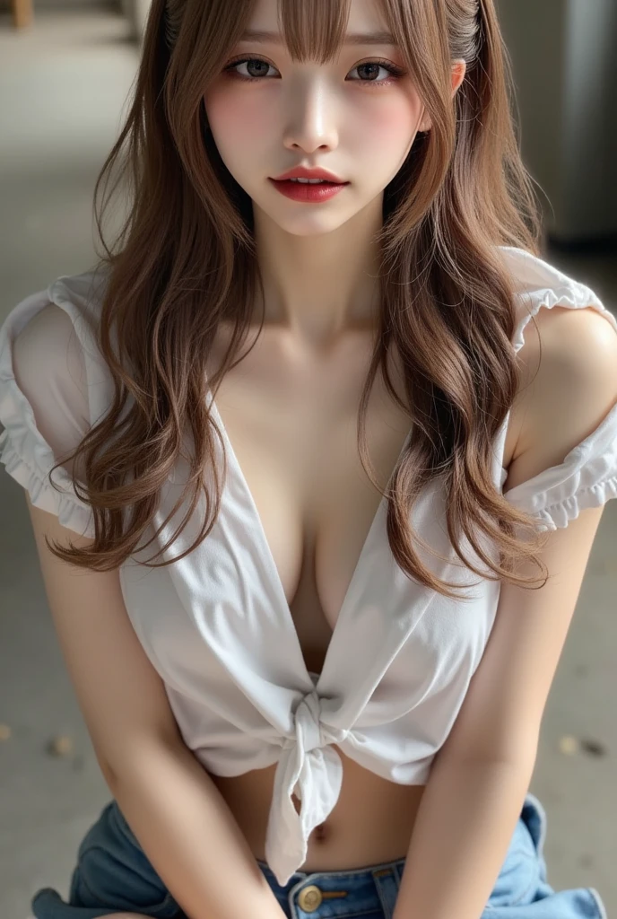 (((whole body 1.4)))Highly detailed CG Unity 8K wallpaper, highest quality, Super detailed, masterpiece, realistic, photo realistic, Highly detailed cute girl, 20-year-old, Height: 168cm, (skirt lift), ((skirt lift by myself)), Cute white kids panties , blush, parted lips, looking at the viewer , skinny, wearing a shirt,open shirt,Cute white  bra showing, indoor , short hair、thin legs