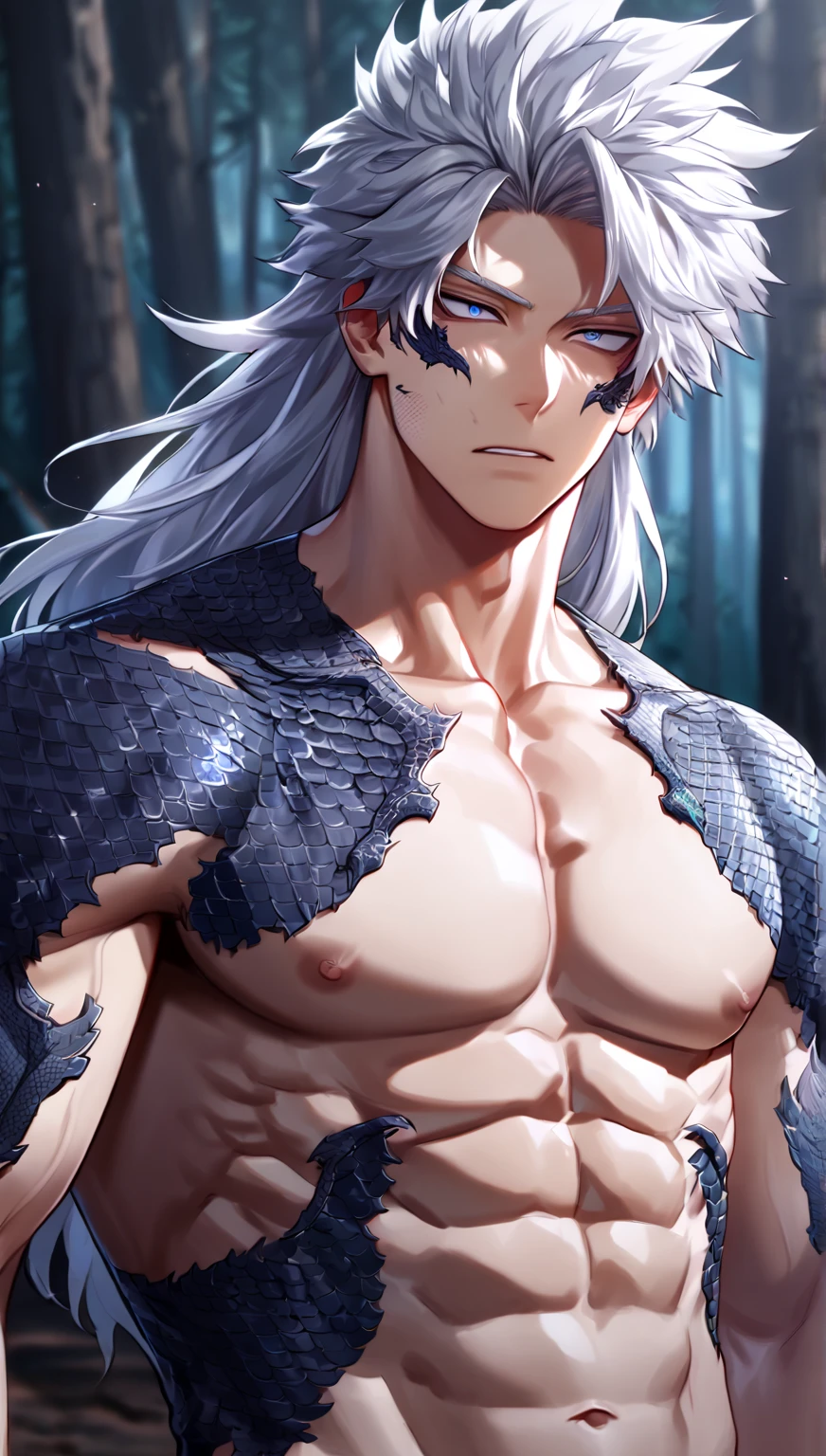 homen,Strong muscles, White hair, best quality,open chest vest, blue and black clothes, Dragon Wings, black and blue dragon horns, black cloth on face, cross chain around the neck, long-brimmed black fedora hat with blue horn