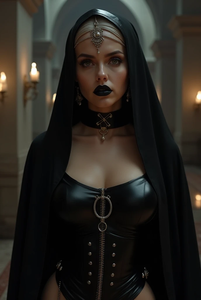 woman dj nun, dark, horror, red tones, gothic church in the background, ultra realistic, horror movie lighting, scary, chaos, neon lights in the background, realistic, dark, huge breast, Fujifilm Fujichrome Provia 100F movie, flashlight, ultra realistic, 8K UHD. --auto --s2
