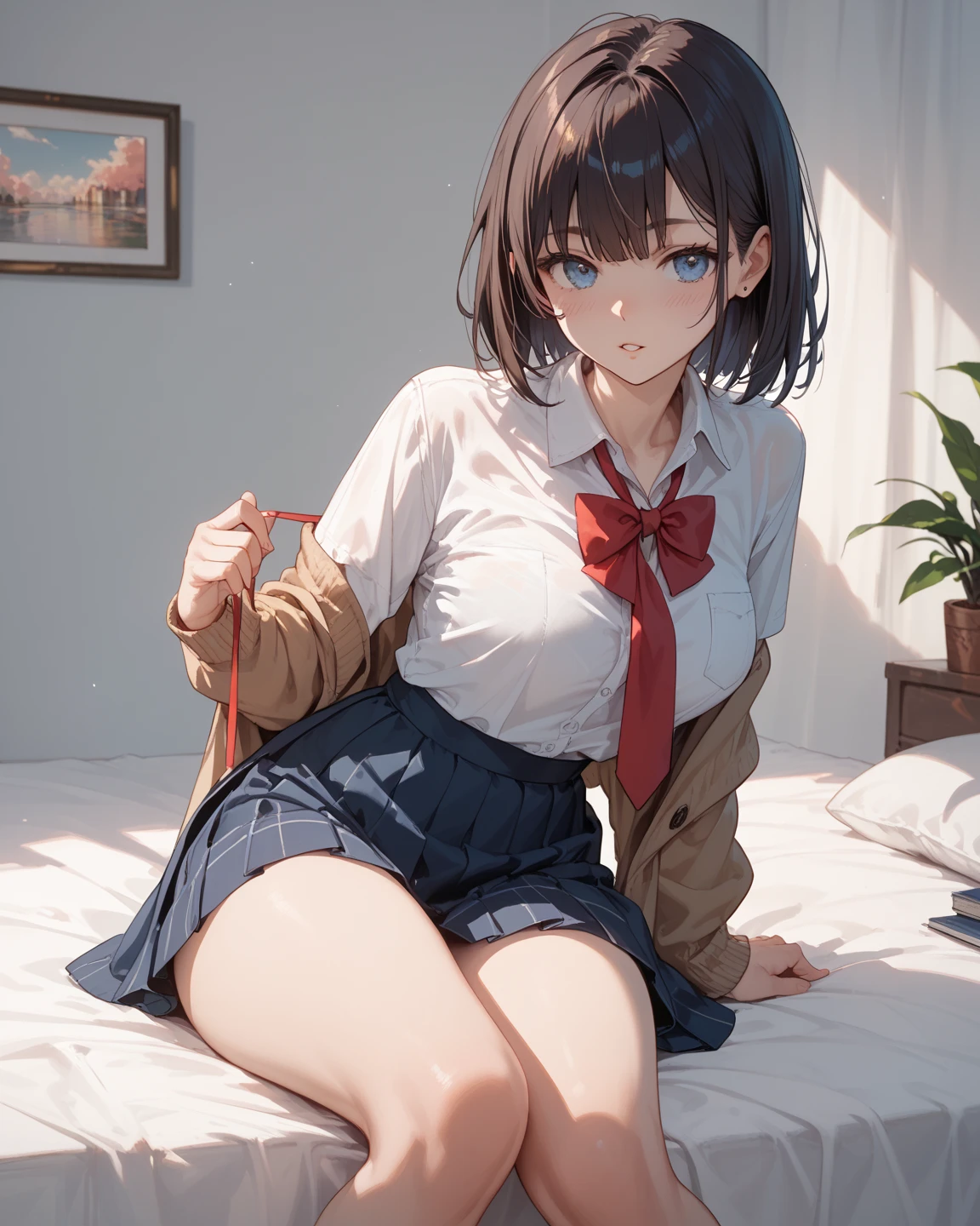Mastepiece、masterpiece、highest quality、Super detailed、High resolution、8K Portrait、High definition CG of Unity 8k wallpaper、Cute little:1.5、Loli:1.5、Highly detailed CG Unity 8k wallpaper、Realistic、Real person、 Portrait Photography、Shiny skin、High definition、(16 years old:1.2)、(1 girl)、Beautiful clear eyes、extremely detailed description、Delicate face、Nice lips、Slim body、(thin waist)、Thin legs、(bed room:1.6)、1 Girl, Cute, Perfect Face, seriously, (blush:1.7),(Brown Bob Hair:1.3),(small breasts:1.3),(School uniform:1.3),(bra,Shoulder:1.2),((skirt lift:1.5)),(looking at view),(from front:1.2),(disapproval face:1.5),nsfw,(take off panty:1.6),