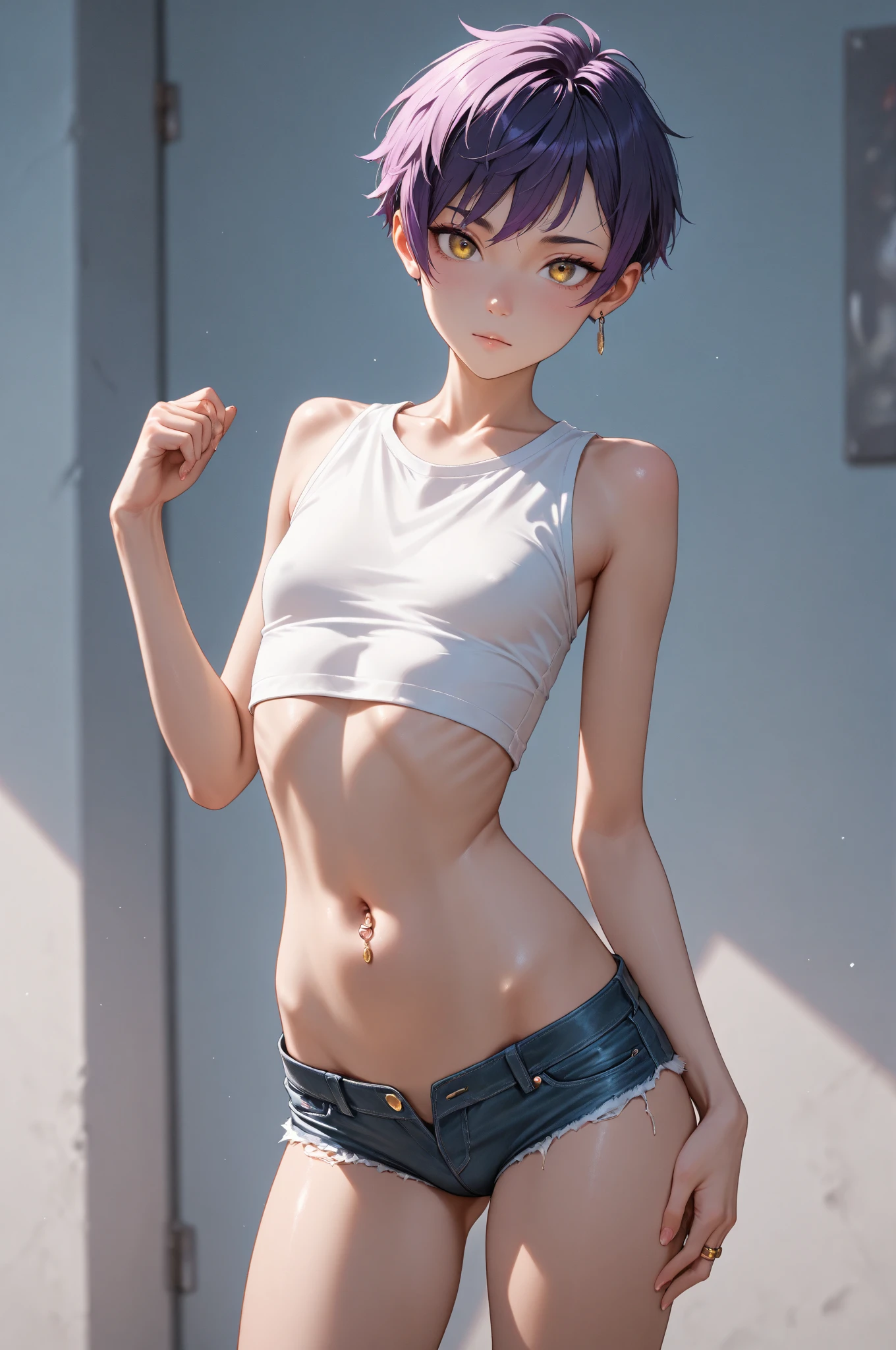 realistic photo, best possible quality, night, street with alley and graffiti on the walls, young woman, 20 years old, brunette with brown eyes, large hoop earrings, very short silver hair, perfect body, well-defined hips, she lifts her black mini blouse who uses and shows well her small naked breasts, nipple piercings, exposed belly, navel piercing, short shorts camouflaged like an army, white sneakers, smile and mischievous look, makeup