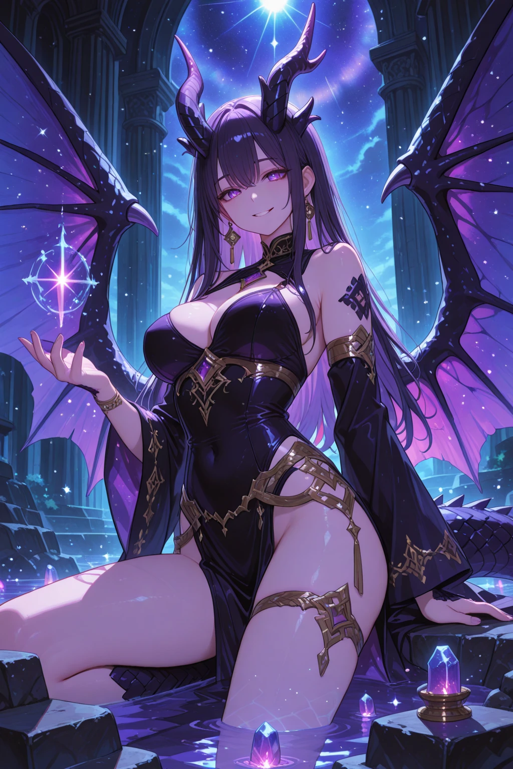 Big breasts, (best quality)), ((masterpiece)), (detailed), ((seductive succubus woman, solo, ethereal beauty)), fantasy illustration: 1.5), charming look, captivating pose, delicate wings, supernatural charm, mystic sky ((purple hair color)) ((straight hair)) perfect eyes, has an extremely sexy body, with big breasts and a thin waist, and an extremely sexy body, has a bold look. young, quality, realistic, best quality, sexy expression, suspended throne, rocks, gloomy, supernatural environment