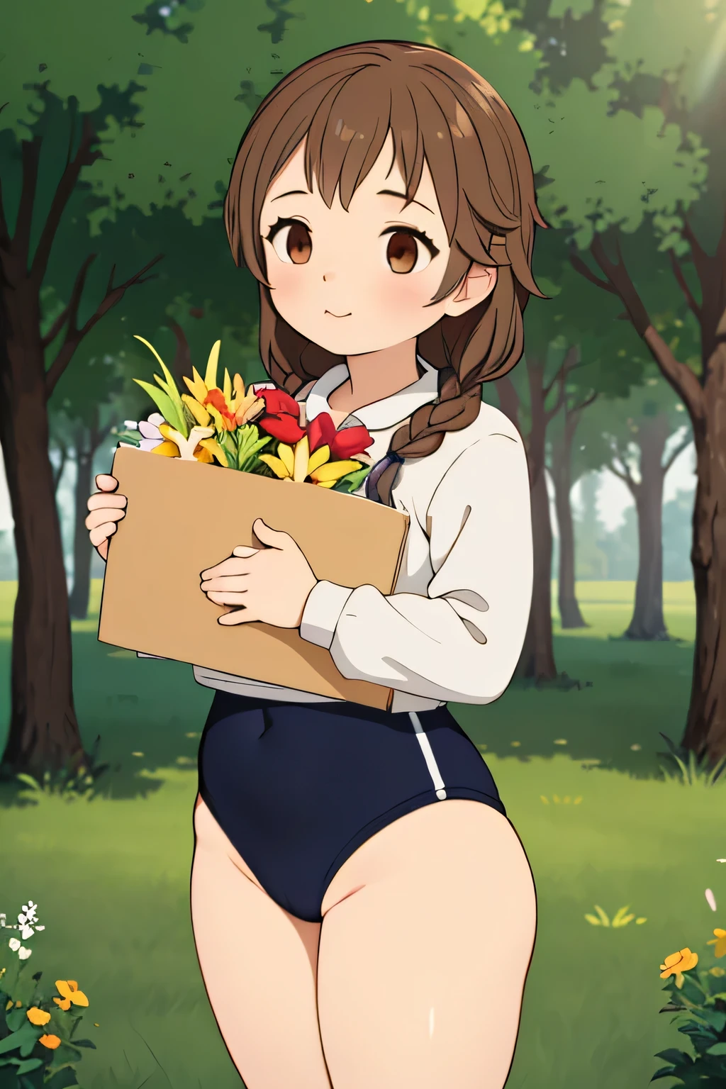 (masterpiece, highest quality), 1 girl, beautiful face, beautiful body, wearing a Black gymnastics bloomers, High leg、white blouse, cowboy shot、Are standing、full body portrait、alone, complex details, enlarged textures, complex details, finely detailed eyes and detailed face, intricate details, (closed mouth), perfect eyes, equal eyes, perfect body, extremely detailed, (), extremely realistic 3d,In a dark forest、cap,long violate hair,Grass