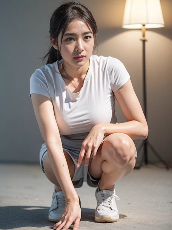 (Realistic:1.4), Highest quality, masterpiece, Ultra-high resolution, One girl, (Detailed face:1.2), (Fine grain:1.2), (Detailed Hair:1.2), (Detailed clothing:1.2), whole body、4K, Dark Brown Short Hair、Squatting with open legs、School Swimsuit、Sports socks