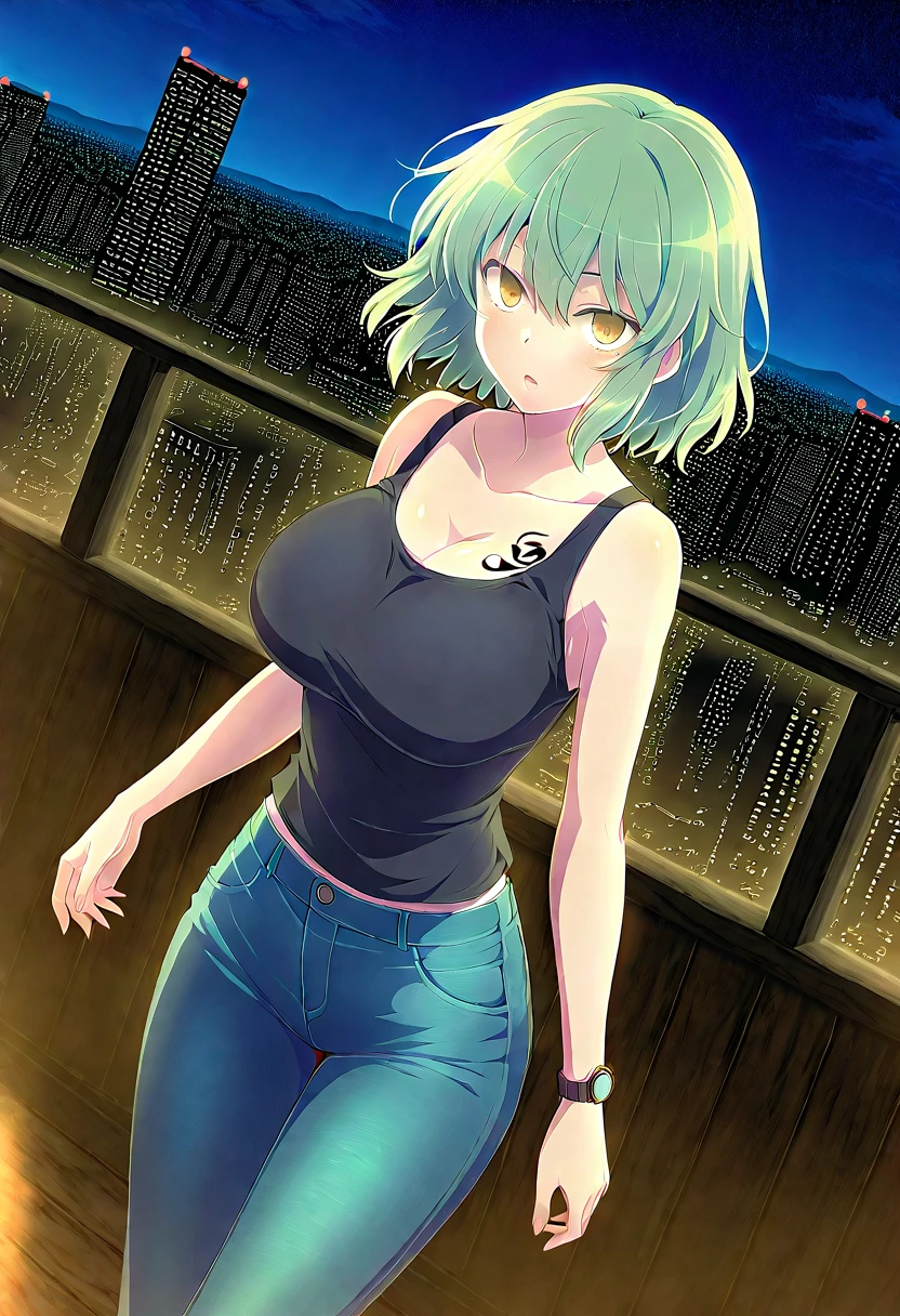 score_9, score_8_up, score_7_up, source_anime, 1girl, prefect lighting, very aesthetic, intricate details, highly detailed background, masterpiece, high quality, prefect hands, best quality, solo,
<lora:Lily_Nier_V1:.85>, KJOlily, green hair, green eyes, medium hair, swept bangs,
high waist Jeans, white tank top, ankle boots, navel,
looking at viewer, hand on own hip,
smile, blush, head tilt, blush, 
City, night, skyscraper, night life, street lights, outdoors,
(Beautiful, :1.2), natural ,