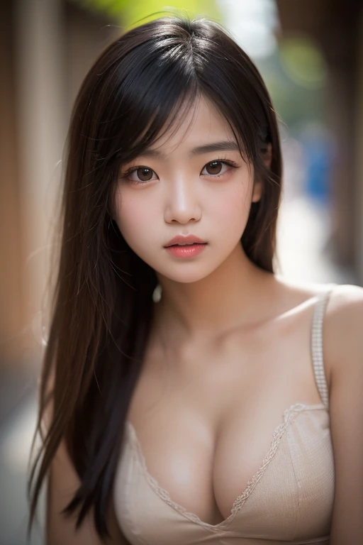 (best quality, 8k, 32k, masterpiece, UHD:1.2), ultra high resolution, (pretty a Korean early teen girl), portrait, big breasts, cleavage, long brown hair, bangs, (wearing dark purple tank-top), crowded city street, (detailed background:1.5)