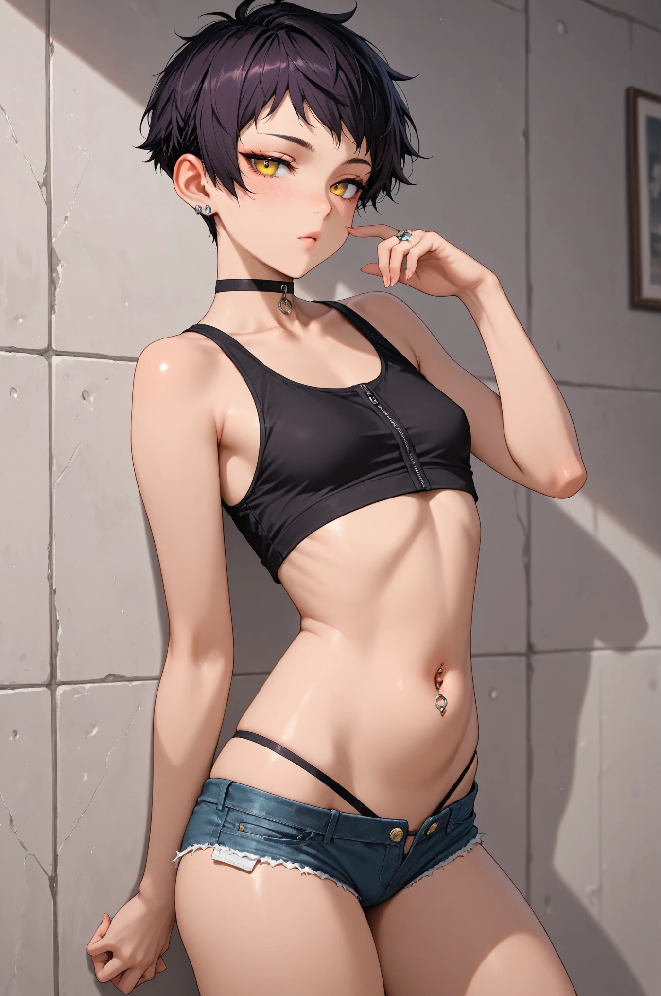 nude,Completely naked,Jewel-like eyes、whole body、smile、Black Hair、Bobcut、Black Shirt+Denim shorts、Look forward、Angry with arms crossed