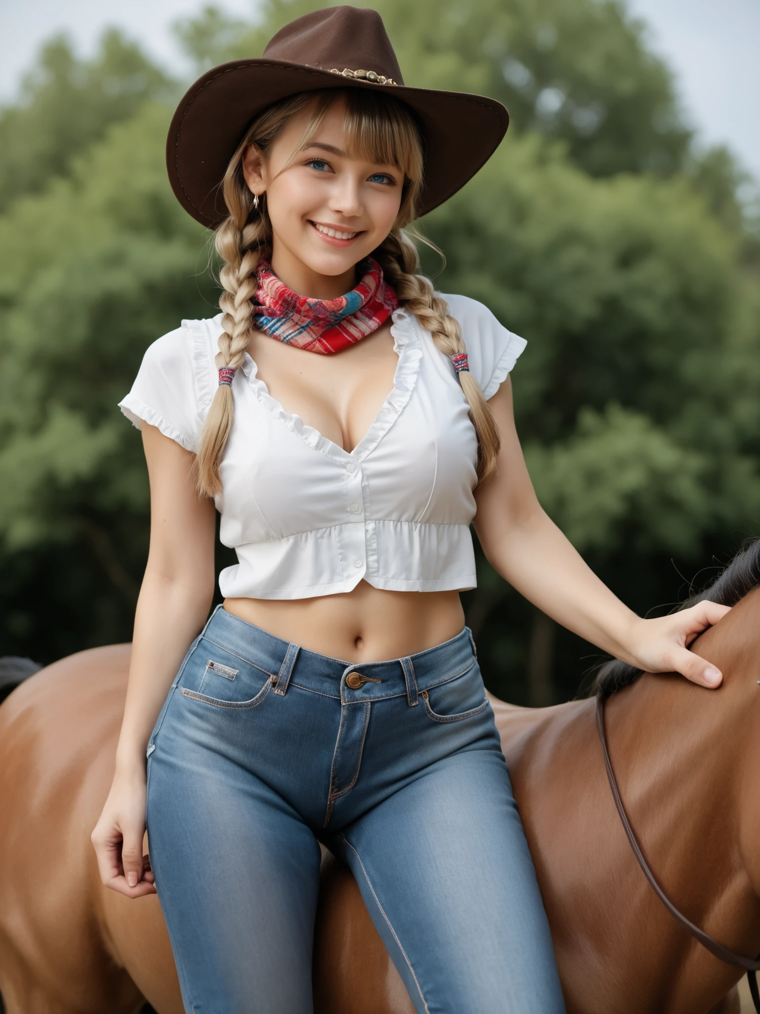 Score_9, Score_8_up, Score_7_up, Score_6_up, Score_5_up, Score_4_up, Source_real, Tag1, Tag2, Anatomically correct, realistic, 1 woman, 23 years old woman, beautiful woman, Highly detailed beautiful face and eyes, blue eyes, blonde hair, Detailed skin, (natural saggy big breast:1.1), big ass, thick thighs, wide hips, curvy, (oiled body:1.0), smile, (braids hair with bangs), (tanned skin:1.2), (Cute cowboy outfit, cowboy hat, white shirt, fringed vest, Jeans, scarf), riding the horse, (Please take a picture from below:1.1), Summer season atmosphere, Being in the country road,