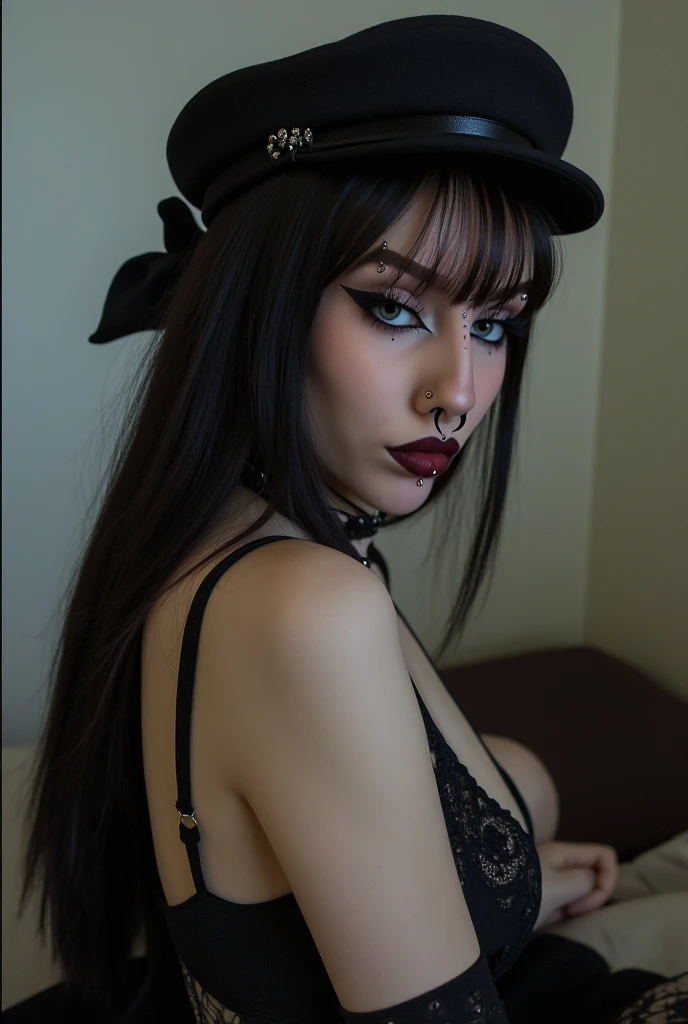 A dark, gothic scene featuring a young child, black lipstick, slightly smiling, braided pigtails, standing with a whip in her hand, pale skined; a vibrant, intricate interpretation inspired by gothic themes, alluring, erotica, unclad, unclothed, small waist, skinny, young, youth, gothic background