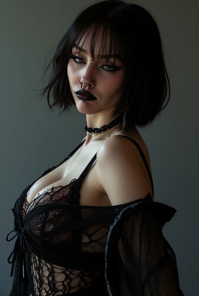 ((work of art)),((detailded)),((best qualityer)) 1 gothic woman with her breasts out, nudes,short hair prwyos, outlined, black lipstick, Dog Collar, aretes, breast piercing