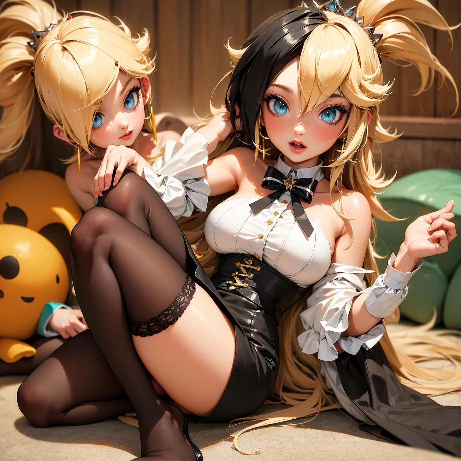 Blonde、Beautiful young woman、Twin tails、Yellow ribbon hair accessory、See-through costume、See-through panties、Thong、Beautiful ass、