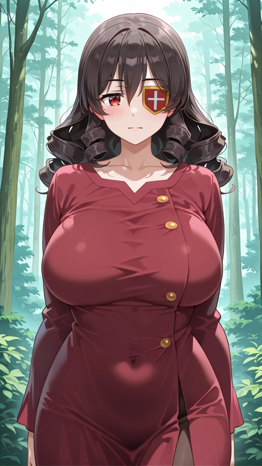 By bebebebebe, by lostgoose, by goonie-san, female, ((canine, snout, hair covering eyes, straight hair, medium hair, flat hair, ears, thin snout)), brown fur, big poofy tail, raised tail, dark maroon hair, (muscular, big breasts), solo, smiling, happy, standing, (cleavage, steel armor, fantasy armor), pink cloak, forest, pants
