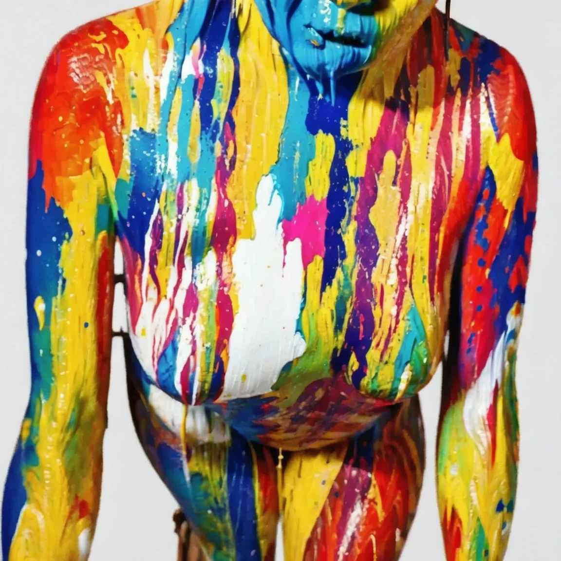 Show your best ability and output avant-garde fashion photos, masterpieces, details, high quality, leave it to your taste. Clothes, hats, accessories and fashion goods inspired by Dadaists, body painting, face painting, white background, flat lighting, fashion model poses, art performance