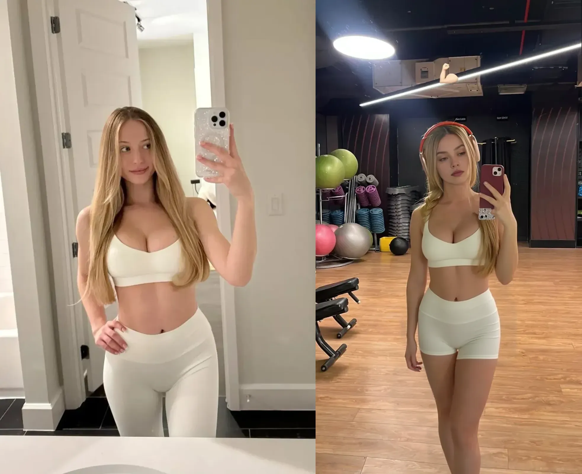 mulher arafada com um top bege e shorts tirando uma selfie, roupa apertada, vestindo roupas simples e justas, perto de um magro, Ajuste justoted tank top, Ajuste justo, body colorido discreto, body fino, traje apertado, cintura fina e quadris grossos, cintura fina, vestindo uma regata, 2 modelo feminino de 4 anos