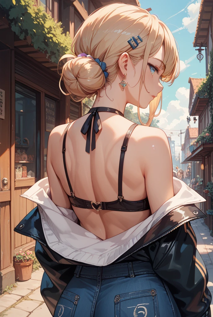 8K, Ultra High Definition, Super detailed, Shiny detailed hair, detailed face, fantasy landscape, solo, looking at viewer, {{best quality}}, {{masterpiece}}, {{ultra-detailed}}, {detailed light}, ultra high quality eyes, detailed eyes, perfect eyes, large eyes, detailed green eyes, blonde hair, short hair, twintail, adorned hair, beautiful, skinny body, white skin, slutty, erotic, suggestive, view from the back, looking from behind, curvy booty, showing the butt, lingerie, in lingerie, blushing, open mouth, ahegao, ((nsfw))