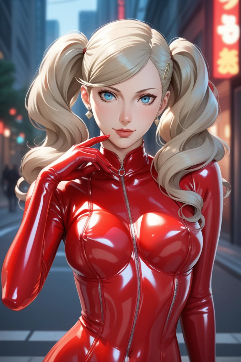 photo,(pretty eyes), ((neon city background)), (dspanther:1), blonde hair, long hair, twintails, swept bangs,blush, blue eyes, blood red latex catsuit, blood red latex legs, blood red jacket, wine red thigh boots, pink gloves, zipper, cleavage, clothing cutout, covered legs, fake tail, detailed background, centered,masterpiece, expressive eyes,best quality, highres,(hyperrealism:1.5),soft lighting, extremely detailed eyes,extremely detailed,perfect face,perfect eyes,body,hands, (in frame), (cowboy shot),  , <lora:more_details:.4> <lora:dsann-v2:1.2>