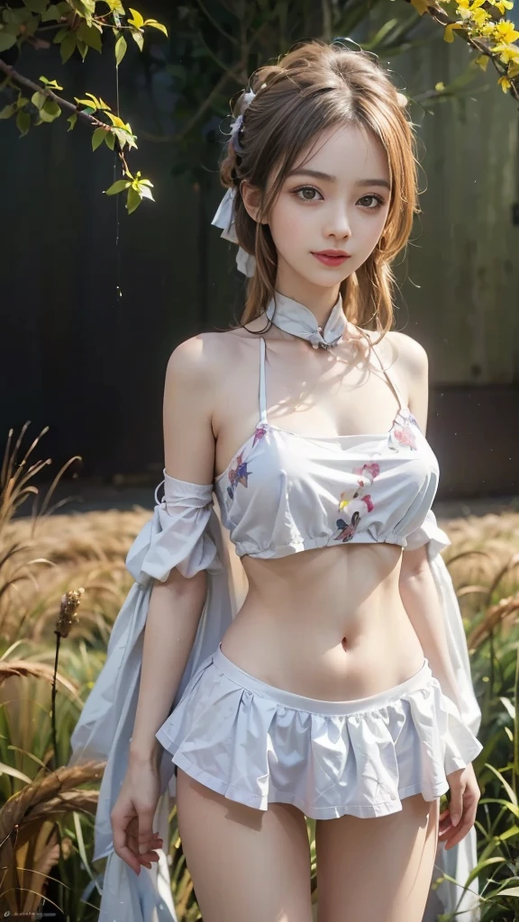 masterpiece,best quality,high质量,high清晰度,high质量的纹理,high质量的阴影,high细节,beautiful details,fine details,Extremely detailed CG,Detailed texture,lifelike的面部表现,lifelike的,rich and colorful,exquisite,sharp focus,(intricate detailake up,PureErosFace_V1:0.5),(细节美exquisite脸,(细节美exquisite眼睛),Perfect比例的脸,highDetails of the skin,Details of the skin,Four fingers and one thumb in optimal proportions,emaciated:1.3),1 girl,17 years old,high,(光滑的abdominal muscles:1.55),(abdominal muscles:0.5),pretty,Perfect,high,((bare shoulders)), ((The skirt is short)), (long legs),(straight legs),(thin waist),((White skin)),White skin,((White skin)),(emma watson),Big breasts,((Caucasian)),light blonde hair,Stand with legs apart,looking at the audience,whole body,Portrait of cute blonde girl,((Standing in the wheat field,Look into the distance)),bloom,orange mist,sports,Wisps of hair,lifelike,high品质渲染,amazing art,high品质,film texture,Fujifilm XT3,dream