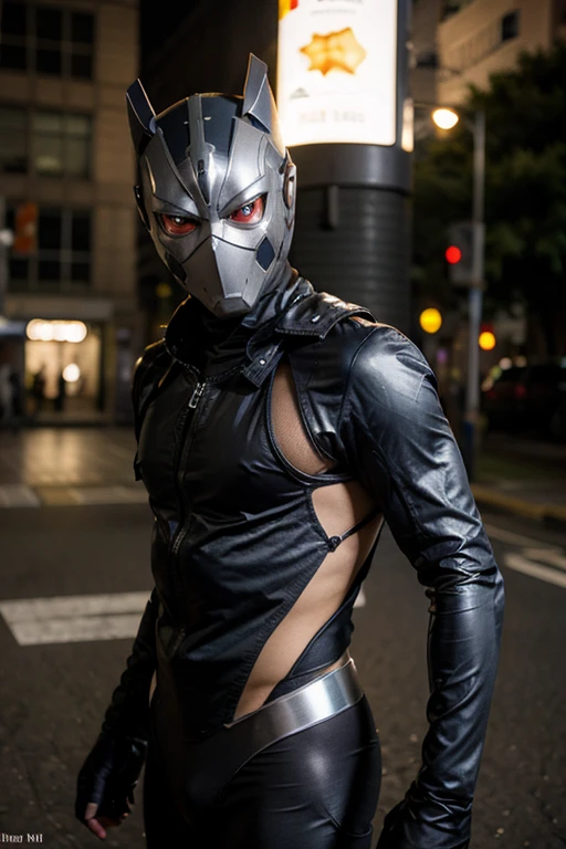 Sakiel, Standing, Emphasizing the mask on the face, Accentuate your chest core, Realistic, Among the buildings of the Third New City, Cloudy, Dilapidated cityscape, Collapsed building in the background, The intimidating presence unique to the apostles, Cool shiny surface, Masked red eyes, A faint light emanates from the core, Huge body, Threat lurking in silence