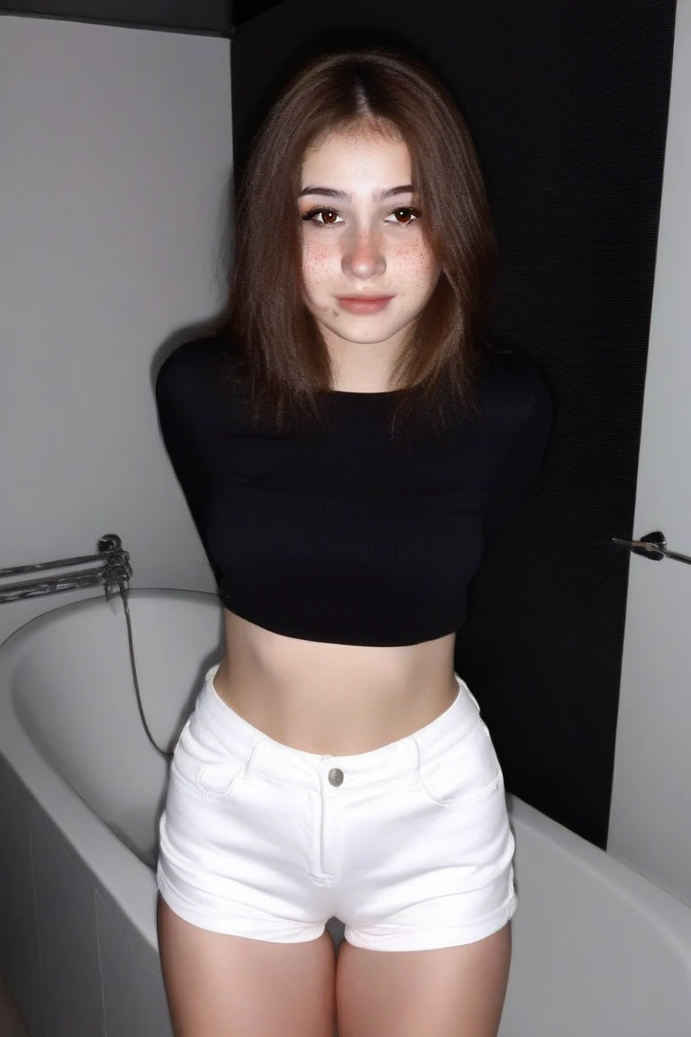 (beautiful 16 year old girl) ((black t-shirt, black panties)) Perfect beautiful face, (slender body) thin body, (black hair) (blue eyes) (white skin) beautiful body, western face, predatory eyes, vaginal lips rosy, thin hips, thin thighs, collarbone, ribs, (calm expression) full body, western beauty, thin nose, (location: women's room) beautiful, perfect, ((best quality)), ((ultra resolution)), ( (photorealistic: 1.4)), (intricate details), perfect face, makeup: 1.5, clear face, facial details