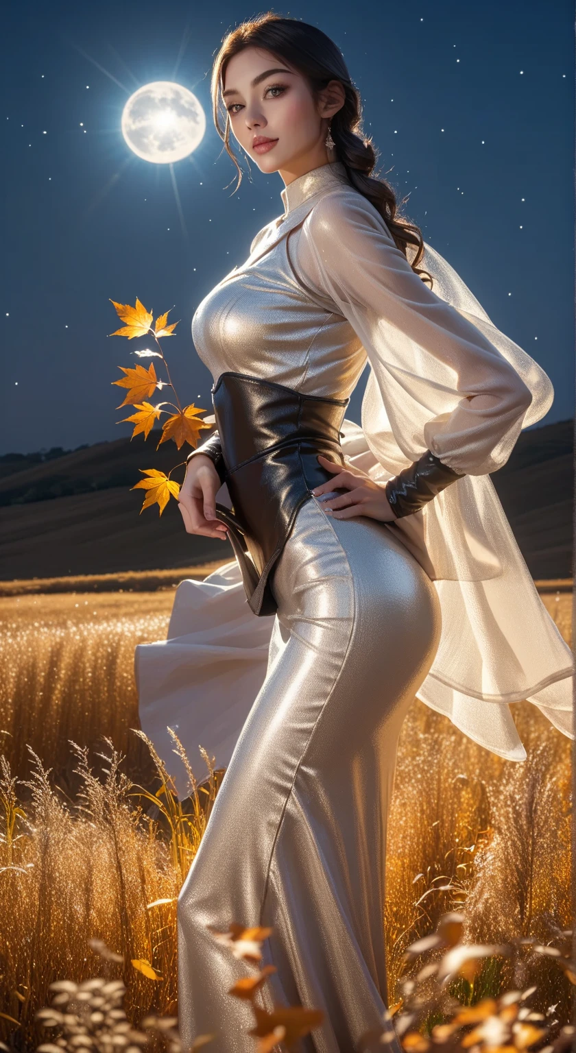 (RAW Photo) , (highly detailed:1.20) , ultra realistic :1.10) ,sexy girl in her 20s , (perfect face:1.20) , (detailed eyes:1.20) , with long silver hair in ponytail , (((long silver satin cape tied at the neck with a ribbon :1.20))) , naked  , full body, walking in a windy moonlit field , hands on breasts   , high-quality ultra realistic style, warm tones, soft lighting, detailed eyes, professional, expressive , 8K , highly detailed , professional,