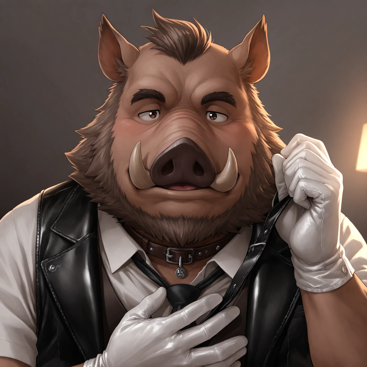 score_9, score_8_up, score_7_up, score_4, score_5, score_6, 2k, 4k, high res, 2d (artwork), cartoon style, no humans, Doggonut, 1boy, solo, head focus, male focus, headshot, large pectorals, collar, shy smile, blushing, looking down, blue eyes, american_opossum, muscular male, bedroom