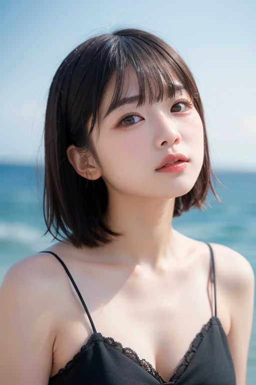 ((Highest quality)),((8K、32k)),(Genuine)、(detailed)、(Beach)、((Bust up shot))、((face closeup))、(White skin)、(Big Breasts)、The best balance between face and shoulder width、Micro Bikini、Shiny Hair、Short Bob、Glowing Skin、Japanese、beauty、Looking into the camera、Thick lips、cute、Hehehe:1.2、Shot with a film camera、RAW shooting、#24、Genuine、フォトGenuine:1.4、Photon Mapping、Physically Based Rendering、Perfect Anatomy、detailedなデコルテ、detailedな目、detailedな二重、detailedな咬筋、detailedな鎖骨、Perfect Fingers、Finger Description、(品質 8K)、((White skin))、Avoid mascara、Hair with movement、detailedな毛穴、Natural light、detailedな描写、Blushing、Fine pores、Perfect cleavage、masterpiece、Blushing、detailedな腹筋、sexy、detailedな脇の下、(slender)、(Upper Body)、detailedな目元、